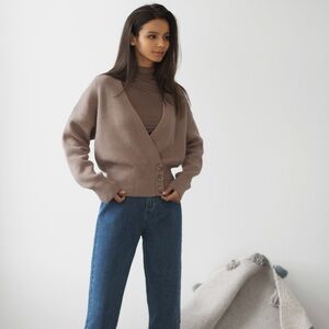 LICHI Asymmetrical Ribbed-Knit Cardigan in Coffee Size M/Large M/L